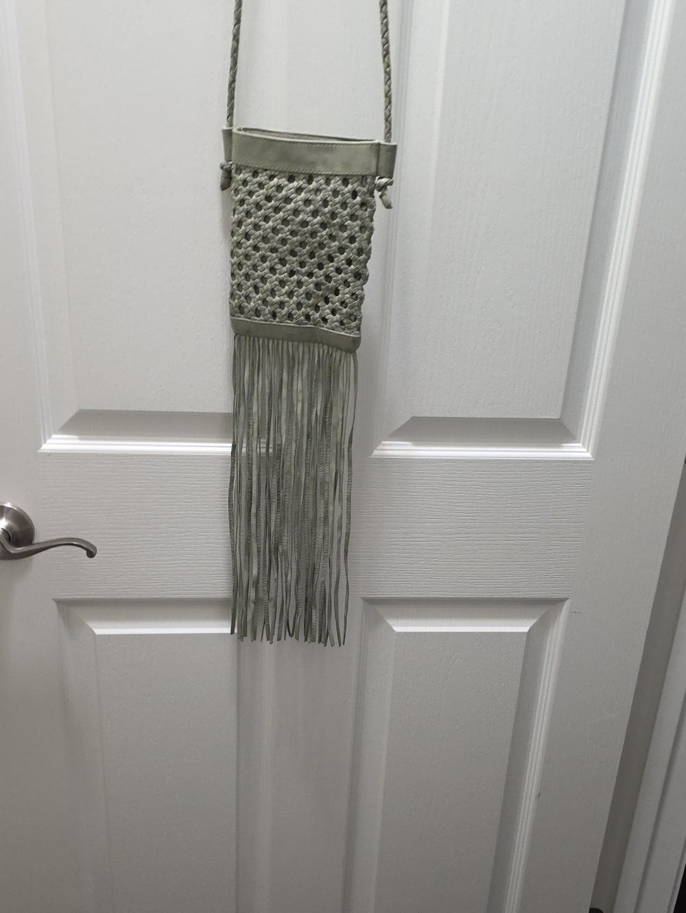 Hobo Sage Green Macramé Fringe Leather Crossbody Bag